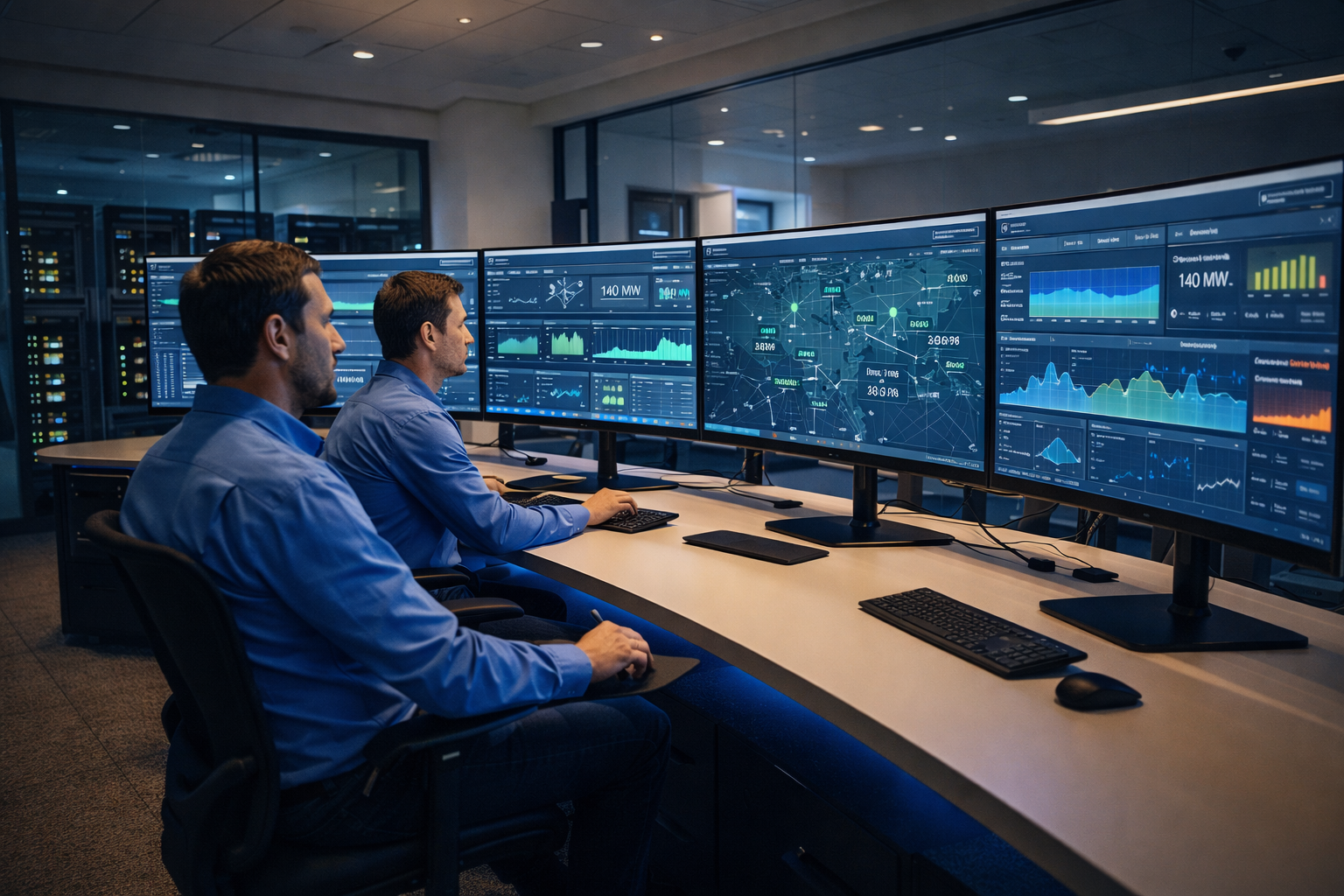Nowoczesna sterownia z dashboardami SCADA monitorującymi aktywa solarne